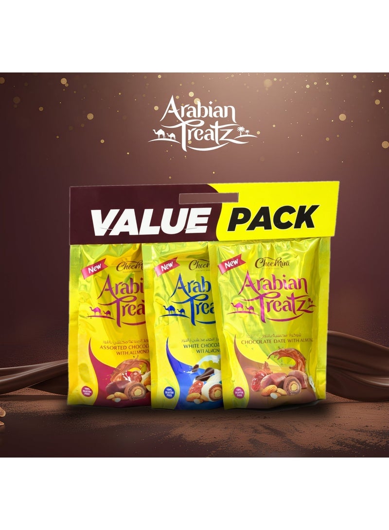 Arabian Treatz Chocomira Arabian Treatz Value Pack – Chocolate Dates with Almonds Assorted – 100% Gluten Free – Premium Middle Eastern Sweets – Gift Pack – 3 x 100g Pouches - Image 4